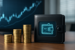 A stylized digital wallet with stacked coins in front of a graph backdrop